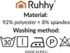 A product label with washing instructions and material composition. Podgląd zdjęcia produktu