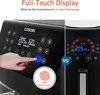 A split image showing the control panel of two different air fryers, one with a hand interacting with the touchscreen. Produktbild-Vorschau