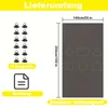 An image showing the contents of a package for a blackout fabric, including suction cups and instructions, along with a diagram of the fabric itself with cut-out shapes. Produktbild-Vorschau