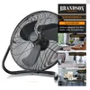 A collage showcasing a black floor fan and lifestyle images of its placement in different rooms. Produktbild-Vorschau
