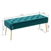 A teal velvet bench with gold legs, showing dimensions. Podgląd zdjęcia produktu
