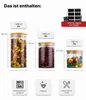 Diagram showing different sizes of glass storage jars with bamboo lids, along with icons representing features. Anteprima dell’immagine prodotto