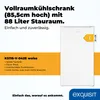 A marketing image for a white Exquisit refrigerator, highlighting its features and energy efficiency. Produktbild-Vorschau