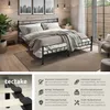 A bedroom scene featuring a metal bed frame with bedding, along with descriptive text and icons highlighting product features. Náhled obrázku produktu
