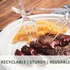 A plate of food with pasta and meat, served with clear plastic cutlery on a wooden table. Produktbild-Vorschau