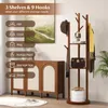 A coat rack with shelves and hooks, placed next to a wooden cabinet and a painting on the wall. Náhľad obrázku produktu