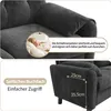 Close-up shots of a gray sofa, highlighting its armrest comfort and a side pocket feature with dimensions. Produktbild-Vorschau