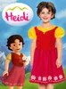 A young girl dressed as Heidi stands next to a cartoon character of Heidi, with a mountain landscape in the background. Produktbild-Vorschau