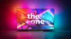 A modern television displaying vibrant abstract art, set against a gradient background of red and blue light. Produktbild-Vorschau