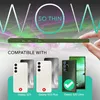 A hand holding a thin green phone case over a background with abstract graphics and text. Produktbild-Vorschau