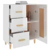 A white sideboard with wooden legs and handles, with one door open revealing shelves and items inside. Produktbild-Vorschau