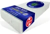 A mattress with a blue band wrapped around it, displaying product information and certifications. Produktbild-Vorschau