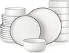 A set of white ceramic dishes with a thin black rim, neatly arranged against a white background. Náhled obrázku produktu