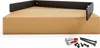 A black metal shelf bracket is placed on top of a cardboard box, with screws and wall plugs in the foreground. Produktbild-Vorschau