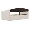 A beige upholstered daybed with a dark brown arched headboard, shown from a side-rear angle. Produktbild-Vorschau