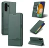 A collage of images showing a green leather phone case for a Samsung Galaxy A14 5G. Produktbild-Vorschau