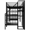 A black metal bunk bed with stairs and shelves, shown from the side. Podgląd zdjęcia produktu