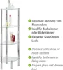 A three-tiered corner shelf unit with various toiletries on display, next to a list of its features in German and English. Anteprima dell’immagine prodotto