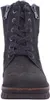 A close-up front view of a gray lace-up boot with zippers on the sides. Produktbild-Vorschau
