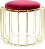 A close-up studio shot of a round stool with a red velvet cushion and a gold metal cage-like base, set against a white background. Produktbild-Vorschau