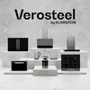 A collection of kitchen appliances displayed on concrete pedestals against a textured concrete wall. Produktbild-Vorschau