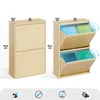 Two views of a beige trash can with flip-top lids, one closed and one open showing internal bins. Dimensions are indicated. Produktbild-Vorschau