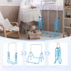 A collage showing a baby's room with a crib and a gymnastics bar, and three diagrams illustrating the assembly, folding, and storage of the gymnastics bar. Náhled obrázku produktu