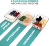 Three glass food containers with dividers, each filled with different food items, presented diagonally with text overlays. Náhled obrázku produktu