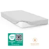 A white fitted sheet on a mattress, with certifications and washing instructions below. Produktbild-Vorschau