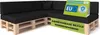 A black sectional sofa made of pallet cushions on a white background, with marketing signs. Podgląd zdjęcia produktu
