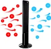 A black tower fan is shown with graphics illustrating the ionization process, with red arrows and plus signs on one side and blue arrows and minus signs on the other. Anteprima dell’immagine prodotto