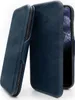 A blue flip case for a smartphone is shown from a diagonal angle, with the phone inside. Produktbild-Vorschau