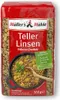A bag of Müller's Mühle Teller-Linsen (plate lentils) with a picture of a lentil stew. Náhľad obrázku produktu