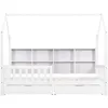 A white house-shaped bed frame with a built-in bookshelf and drawers, shown from the front against a white background. Náhľad obrázku produktu
