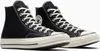 A pair of black Converse Chuck 70 canvas high-top sneakers with white laces and soles, shown from a slightly angled front view. Voir les images du produit