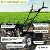 A garden tiller with promotional text and graphics against a background of a field and soil. Produktbild-Vorschau