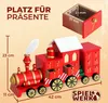 A red wooden advent calendar shaped like a train, with dimensions and a close-up of a drawer shown. Text indicates it's for gifts. Produktbild-Vorschau