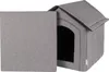 A gray fabric dog house with an open door, shown from a slightly angled front view. Produktbild-Vorschau