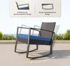 A rocking chair with a blue cushion is shown on a patio or balcony with plants and a body of water in the background. The image also includes diagrams illustrating design features. Produktbild-Vorschau