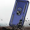 A blue phone case with a ring holder is shown in a dynamic, action-oriented scene, with debris flying around it, suggesting durability. Produktbild-Vorschau