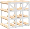 A 3D render of a wooden wine rack with white metal supports. Náhled obrázku produktu