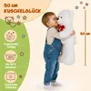 A child hugging a large white teddy bear, with marketing text and icons on the left side. Anteprima dell’immagine prodotto