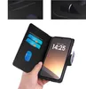 A hand holding a black flip-style phone case with cards inserted, revealing a phone screen. Produktbild-Vorschau