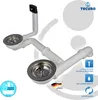 A product shot of a double sink drain assembly with accompanying marketing graphics. Produktbild-Vorschau