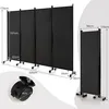 A black, four-panel room divider with wheels, shown from the front and a side view, with dimensions indicated by measurement lines and text. Náhled obrázku produktu