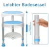 A shower stool with adjustable height indicated by a diagram and a close-up of the height adjustment mechanism. Produktbild-Vorschau