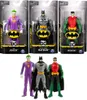 Three DC Comics action figures (The Joker, Batman, and Robin) in their original packaging, displayed side-by-side, with individual figures shown below. Produktbild-Vorschau