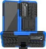 A blue and black rugged phone case with a kickstand is shown from the front and back.