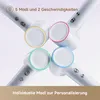 Four hair dryer nozzles with different colored rings are arranged in a cross shape against a light background. Text overlays describe features. Produktbild-Vorschau