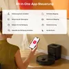 A woman holds a smartphone and interacts with a robot vacuum cleaner and its charging dock. Produktbild-Vorschau